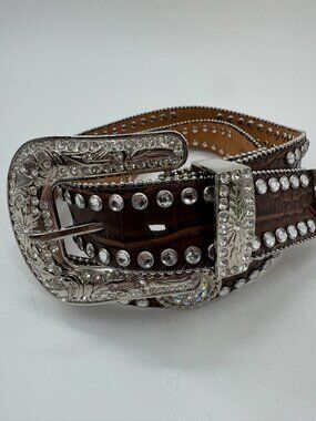 Blazin Roxx Womens Brown Western Rhinestone Leather Belt W/ Silver Buckle Size L